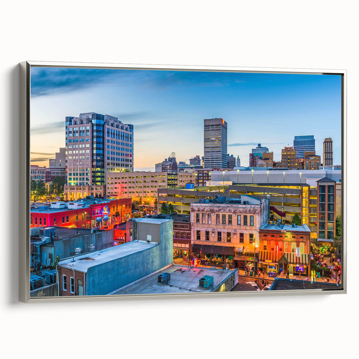 Landscape art painting on canvas featuring a colorful, vintage poster-style depiction of a peaceful rural scene.
