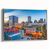 Landscape art painting on canvas featuring a colorful, vintage poster-style depiction of a peaceful rural scene.