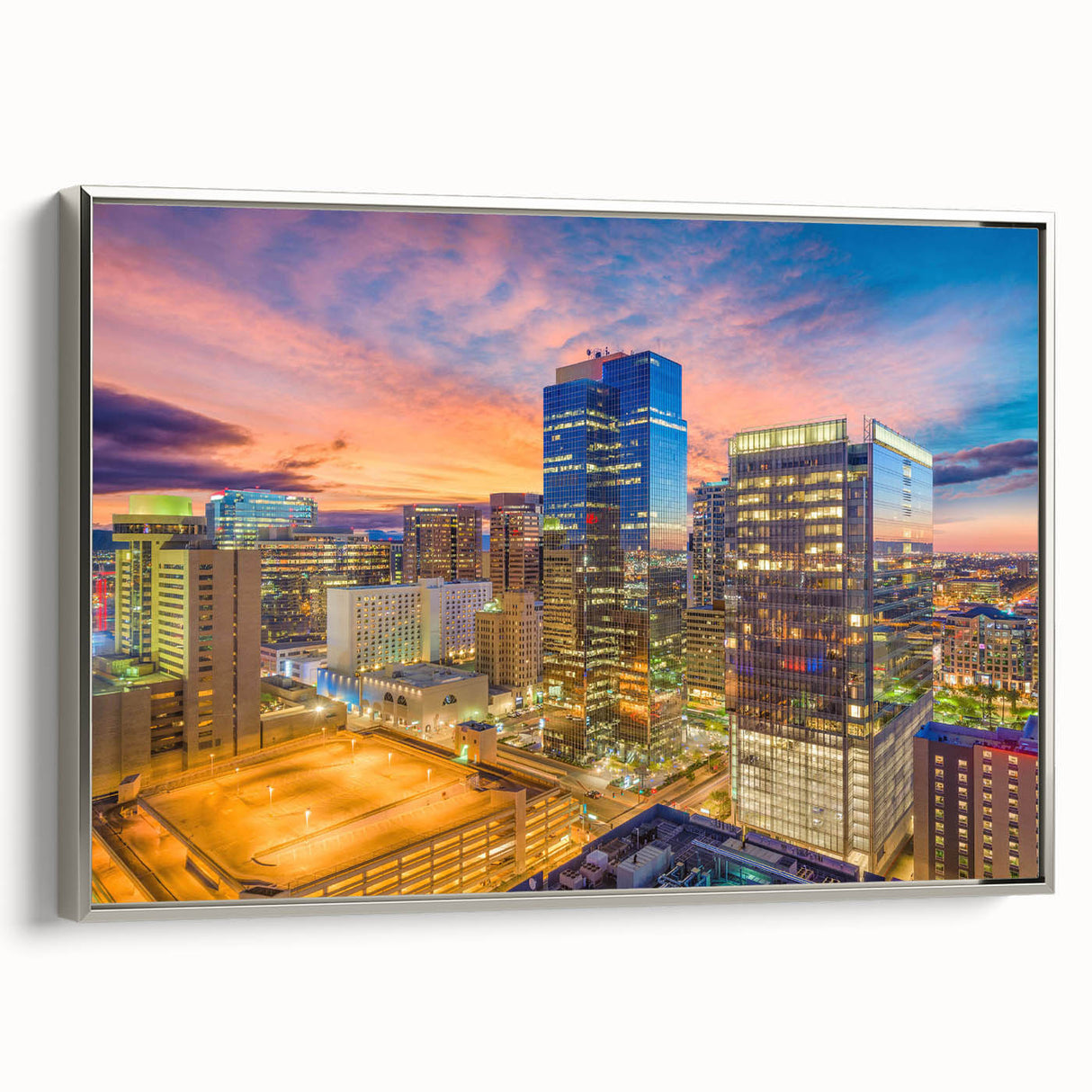 Landscape art painting featuring a vintage poster style with vibrant colors on a black background.