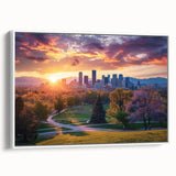 Vintage poster art of an abstract cityscape in vibrant colors on extra large canvas, ideal for living room decor.