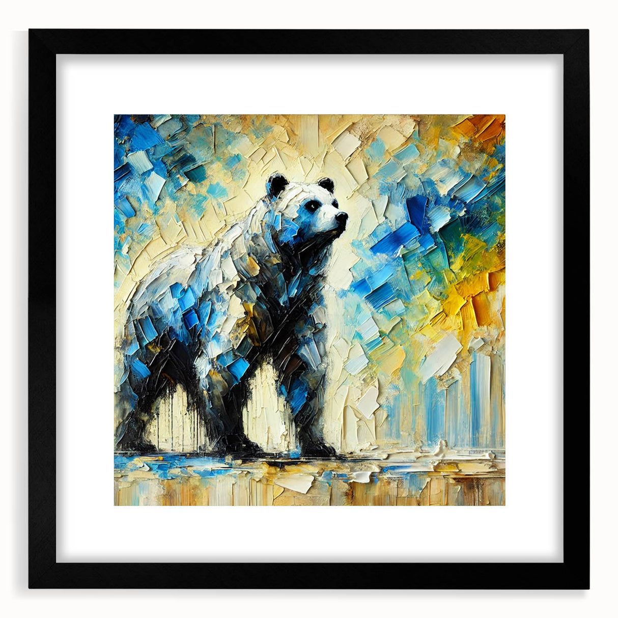 Full-body abstract oil painting of a bear in a black frame with a mat, showcasing vibrant colors and dynamic brush strokes, perfect for animal art enthusiasts.