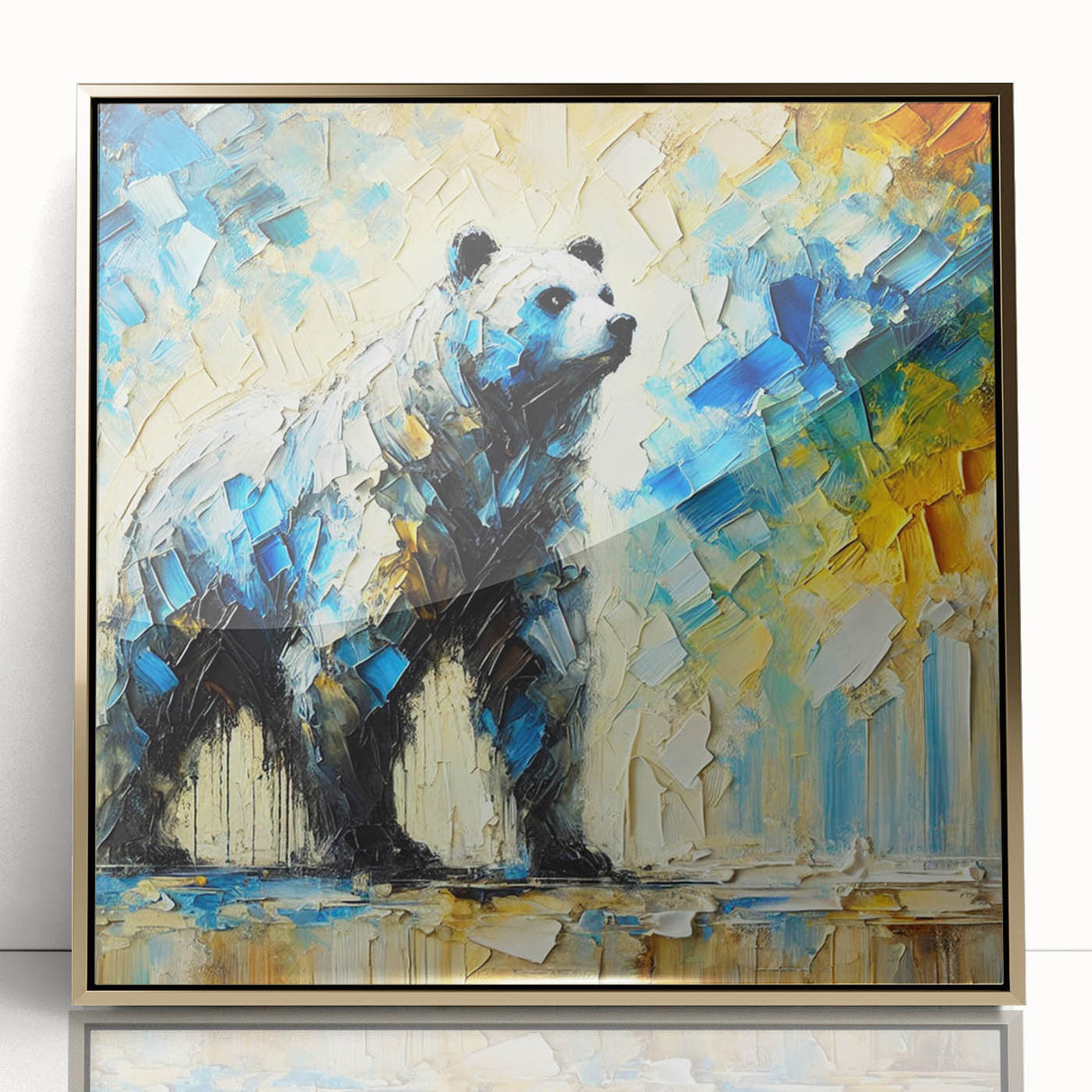 Full-body abstract oil painting of a bear in vibrant colors, framed with a gold acrylic border, showcasing artistic brush strokes and creative design elements.