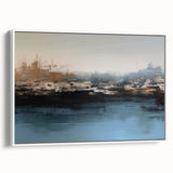 Colorful abstract wall art canvas featuring bold geometric shapes in shades of blue, orange, and yellow, perfect for modern home decor. Textured surface enhances visual appeal while rolled for easy shipping in a protective tube.