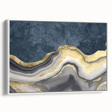 Abstract wall art print showcasing vibrant blues, oranges, and yellows, featuring fluid shapes and dynamic patterns, perfect for modern decor.