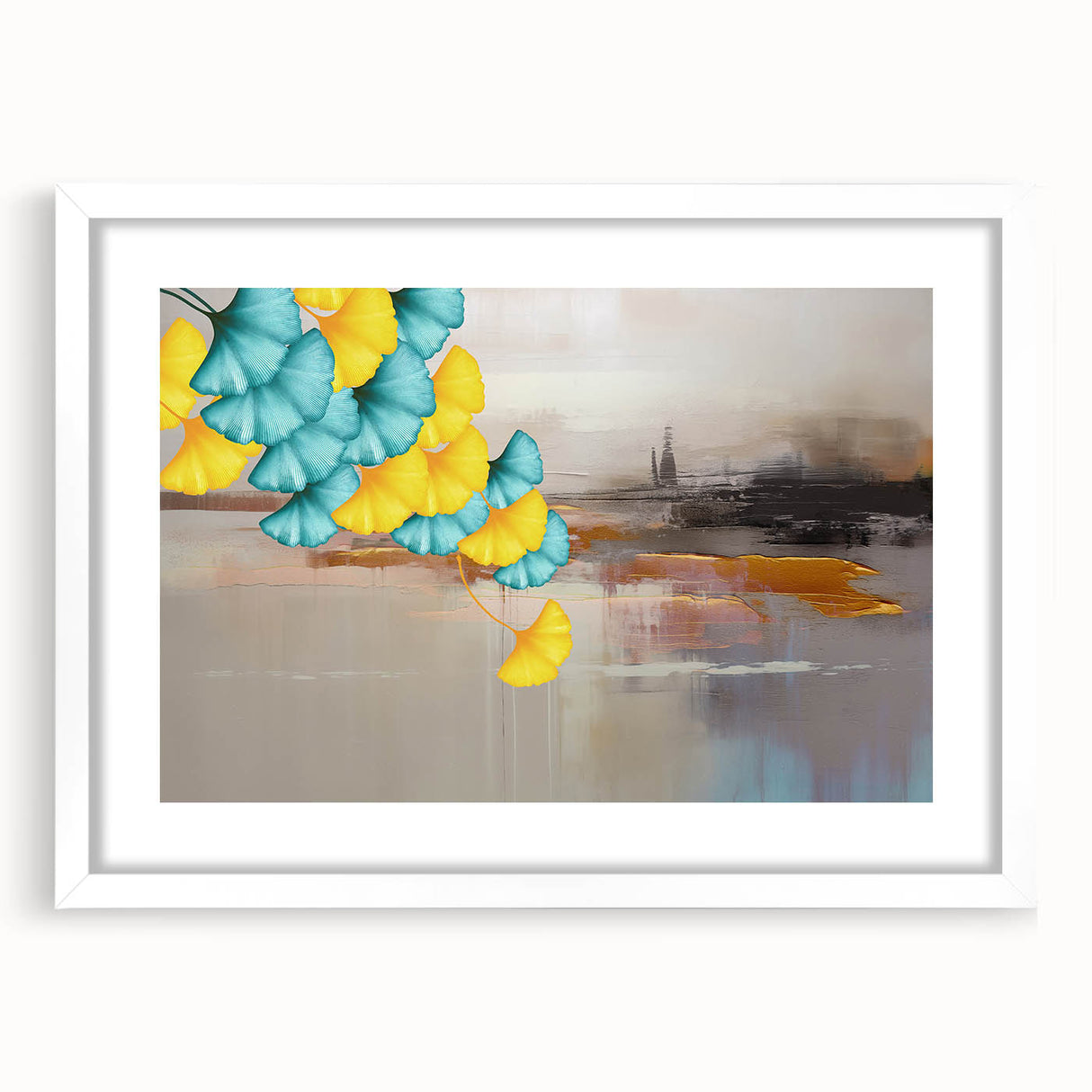 Abstract canvas art print showcasing vibrant colors and dynamic shapes, perfect for modern decor, displayed against a neutral background.