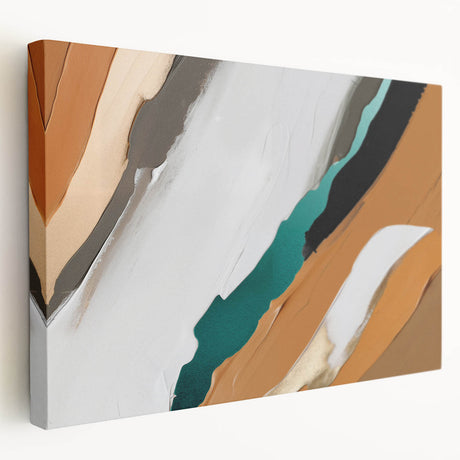 Abstract wall art canvas showcasing vibrant geometric patterns in blues and oranges, rolled up for shipping in a protective cardboard tube. Perfect for modern decor.