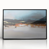 Abstract wall art canvas print showcasing vibrant blue and gold geometric shapes, displayed against a neutral background, highlighting its modern aesthetic and unique design. Perfect for contemporary home decor.