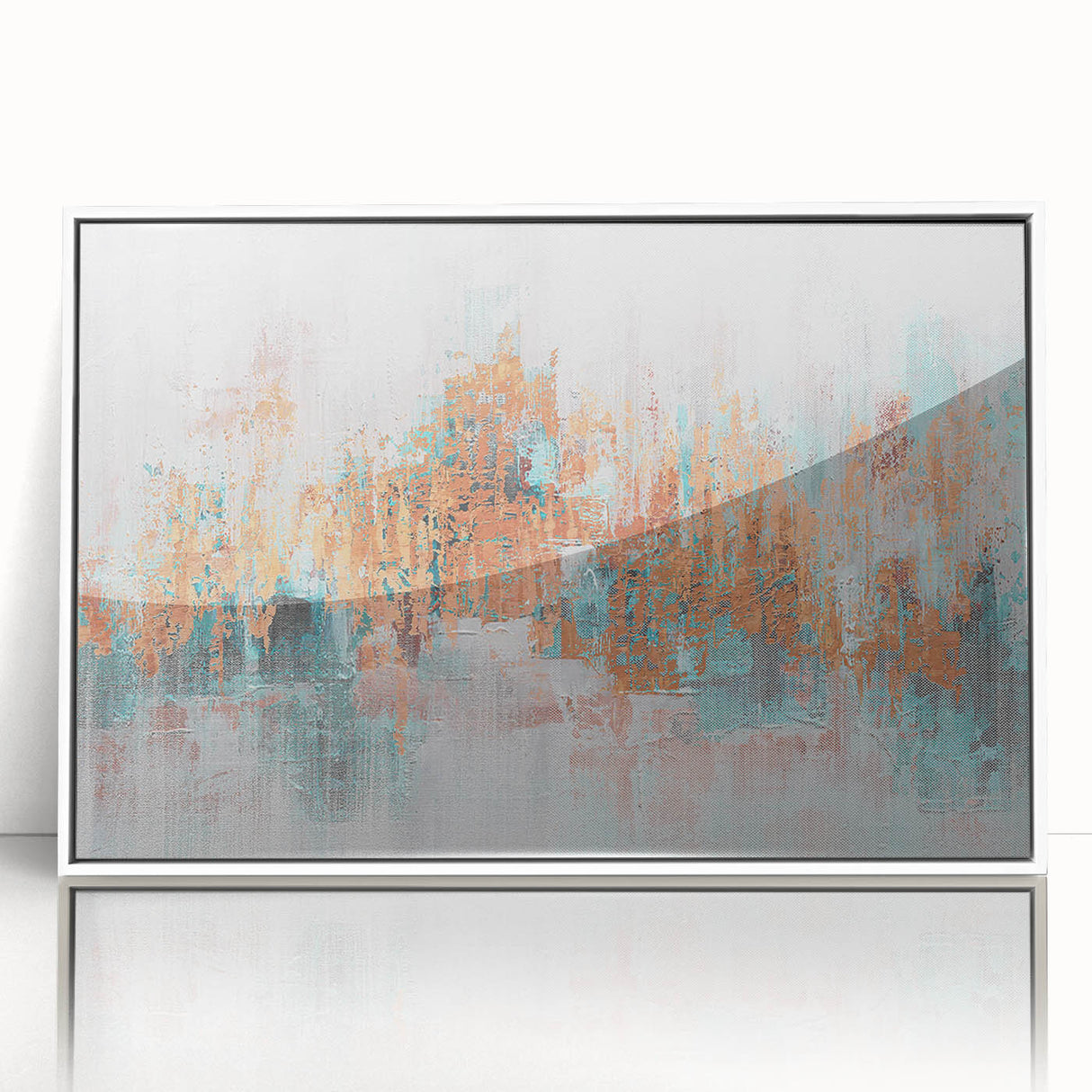 Abstract wall art canvas print showcasing vibrant blue and orange geometric shapes with a textured finish, perfect for modern decor.