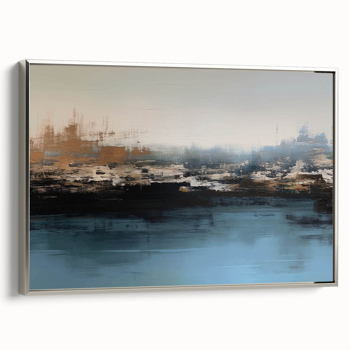 Vibrant abstract wall art featuring bold geometric shapes in shades of blue, orange, and yellow, ideal for modern home decor, creating a striking focal point.