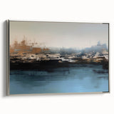 Vibrant abstract wall art featuring bold geometric shapes in shades of blue, orange, and yellow, ideal for modern home decor, creating a striking focal point.