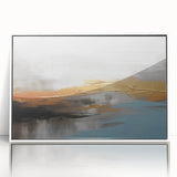 Abstract wall art canvas featuring vibrant geometric patterns in shades of blue, orange, and yellow, rolled and packaged securely in a cardboard tube for shipping.