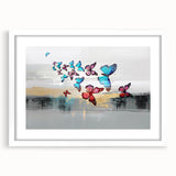 Colorful abstract wall art print showcasing swirling shapes in vibrant hues of blue, orange, and yellow, perfect for modern decor.