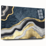 Abstract wall art featuring vibrant splashes of blue, orange, and yellow hues on a textured canvas, ideal for contemporary decor.