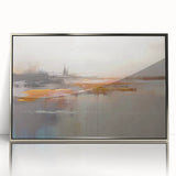 Abstract wall art canvas print depicting vibrant, swirling colors of blue, orange, and yellow, ideal for modern home decor.