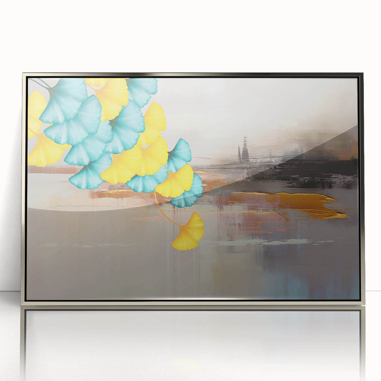 Colorful abstract canvas art print featuring swirling patterns in vibrant hues of blue, orange, and yellow, perfect for modern home decor.
