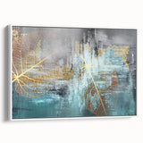 Colorful abstract wall art print showcasing vibrant geometric shapes in shades of blue, pink, and yellow, ideal for modern decor.