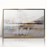 Abstract canvas art print showcasing vibrant colors and dynamic shapes, perfect for modern decor, displayed on a rustic wooden background.