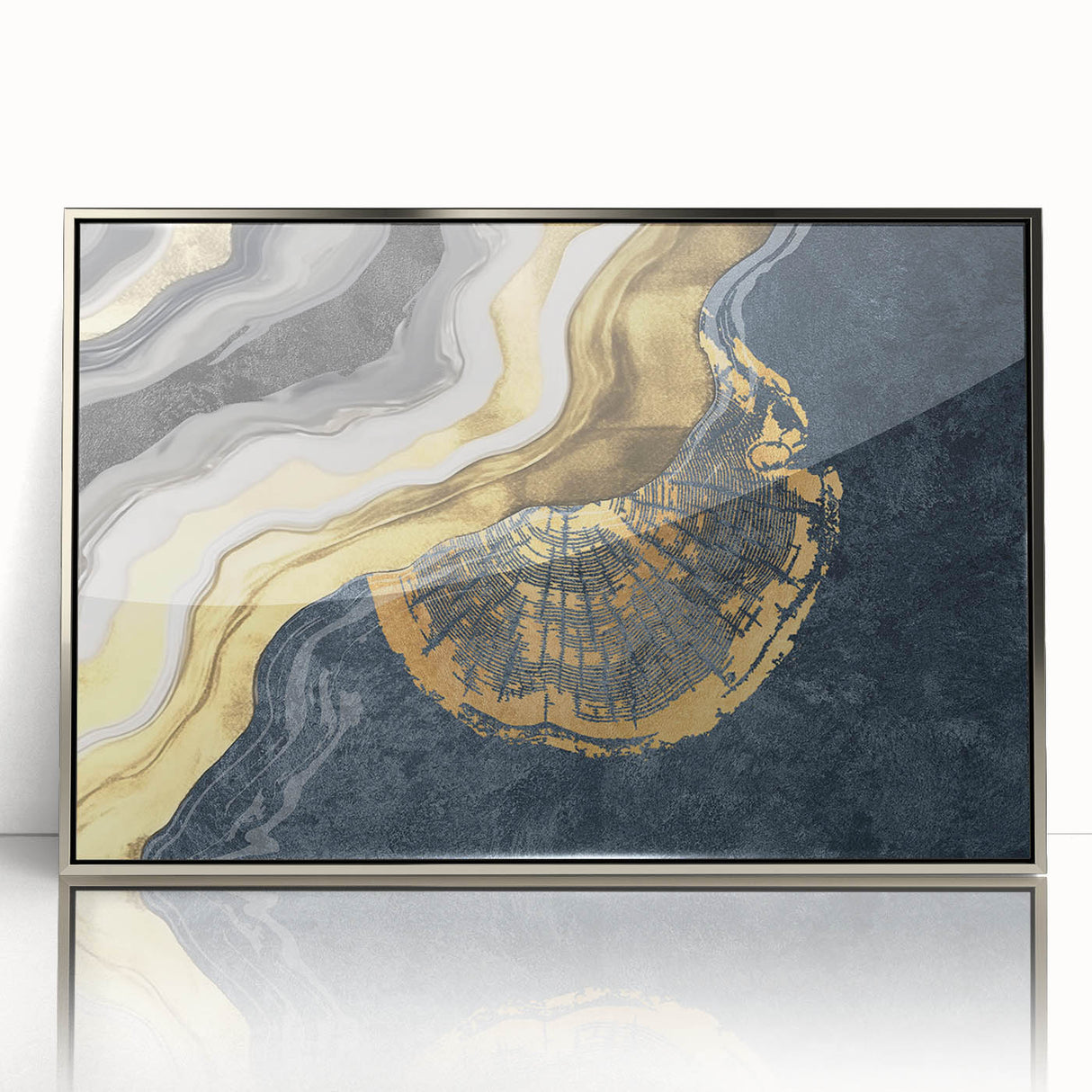 Abstract wall art canvas in vibrant blue and orange hues, showcasing geometric patterns and dynamic shapes, elegantly rolled and packaged in a protective tube.