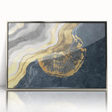 Abstract wall art canvas in vibrant blue and orange hues, showcasing geometric patterns and dynamic shapes, elegantly rolled and packaged in a protective tube.