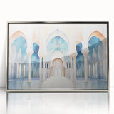 Art deco poster featuring a stylized geometric skyline in muted gold and navy tones on canvas.