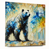 Full-body abstract oil painting of a colorful bear depicted in vibrant hues, set against a textured backdrop with an acrylic glass side view, showcasing artistic pins.