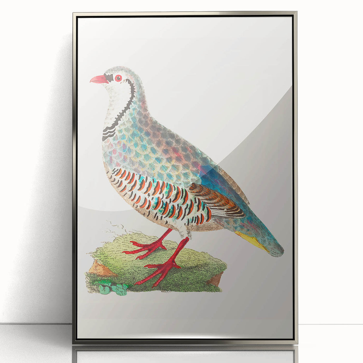 Framed acrylic print showcasing a stunning silver abstract design, displayed from the front in a modern setting, perfect for contemporary home decor.