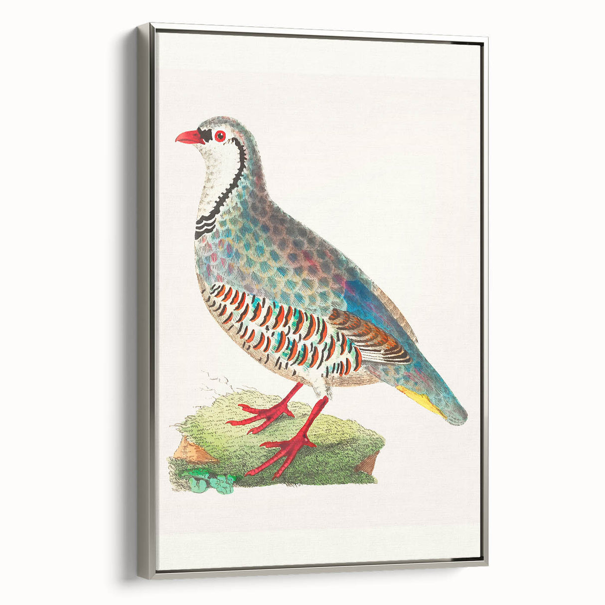 Framed canvas artwork showcasing a vibrant abstract design with silver accents, viewed from the side, perfect for modern home décor and gallery displays.