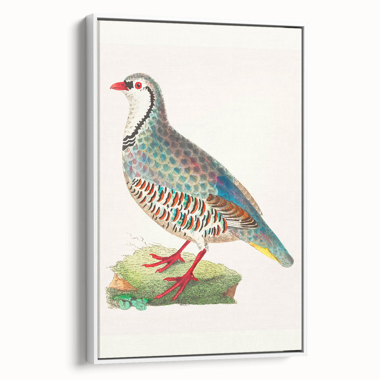 Framed canvas artwork showcasing a serene landscape with vibrant colors, viewed from the side, highlighting the white frame and textured details, perfect for home décor.
