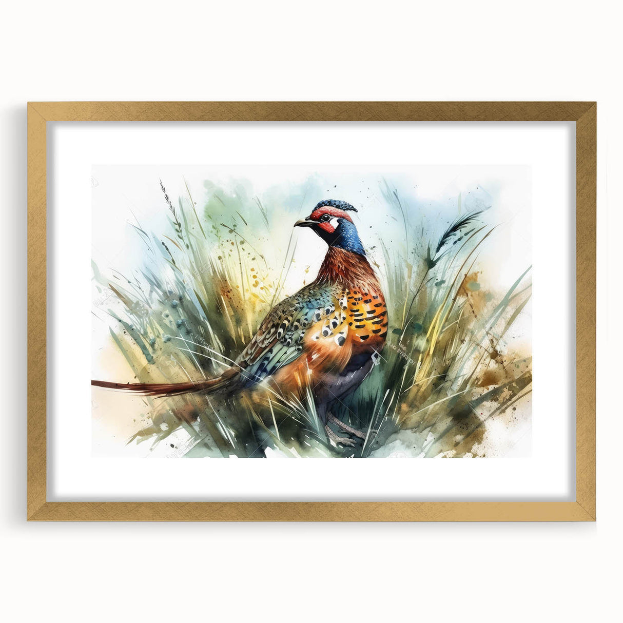 Elegant gold frame showcasing a vibrant art piece, featuring a mat with a decorative border. Ideal for home decor, adding sophistication to any room setting.