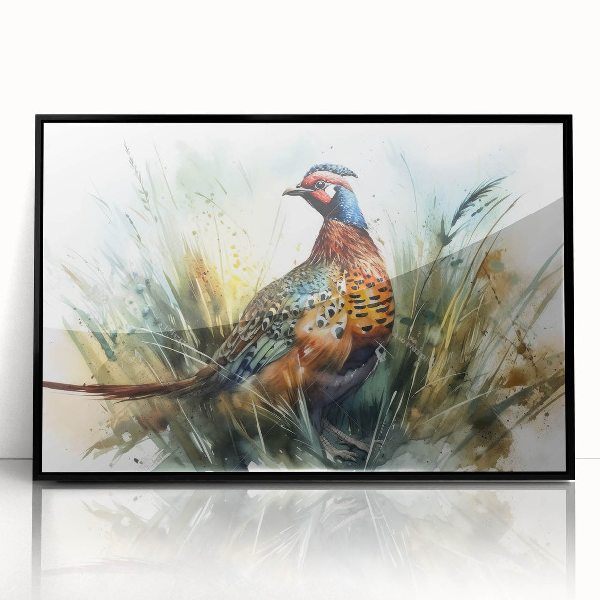 Framed acrylic print showcasing a sleek black border, featuring a vibrant abstract design with shades of blue and orange, perfect for modern home decor.