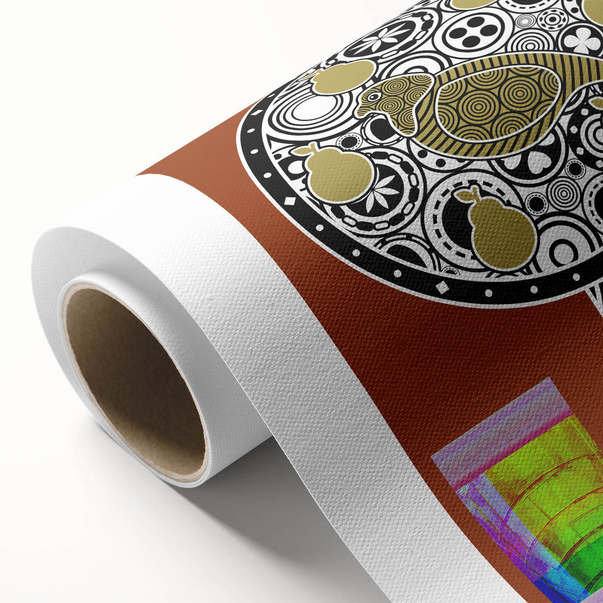 Rolled canvas showcasing vibrant African tribal wall art with intricate patterns, securely packaged in a protective cardboard tube for safe transport.