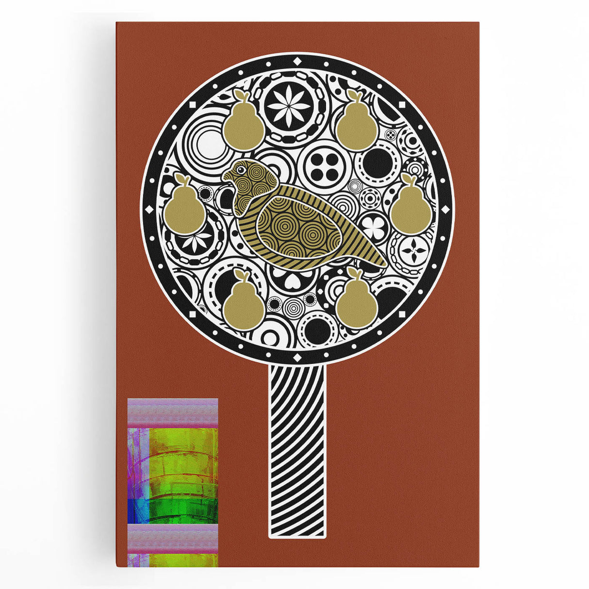 Front view of a stretched canvas featuring vibrant abstract art in bold colors, showcasing intricate designs, perfect for modern home decor and artistic displays.