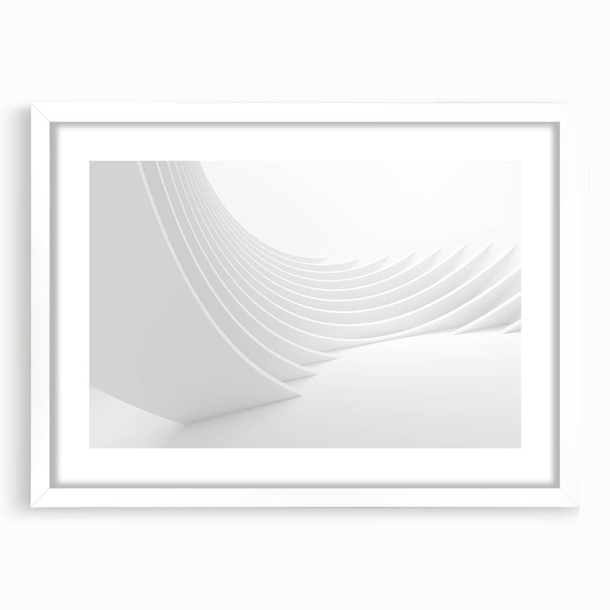 Extra large abstract art print with textured design in muted gray and blue tones, framed in white.