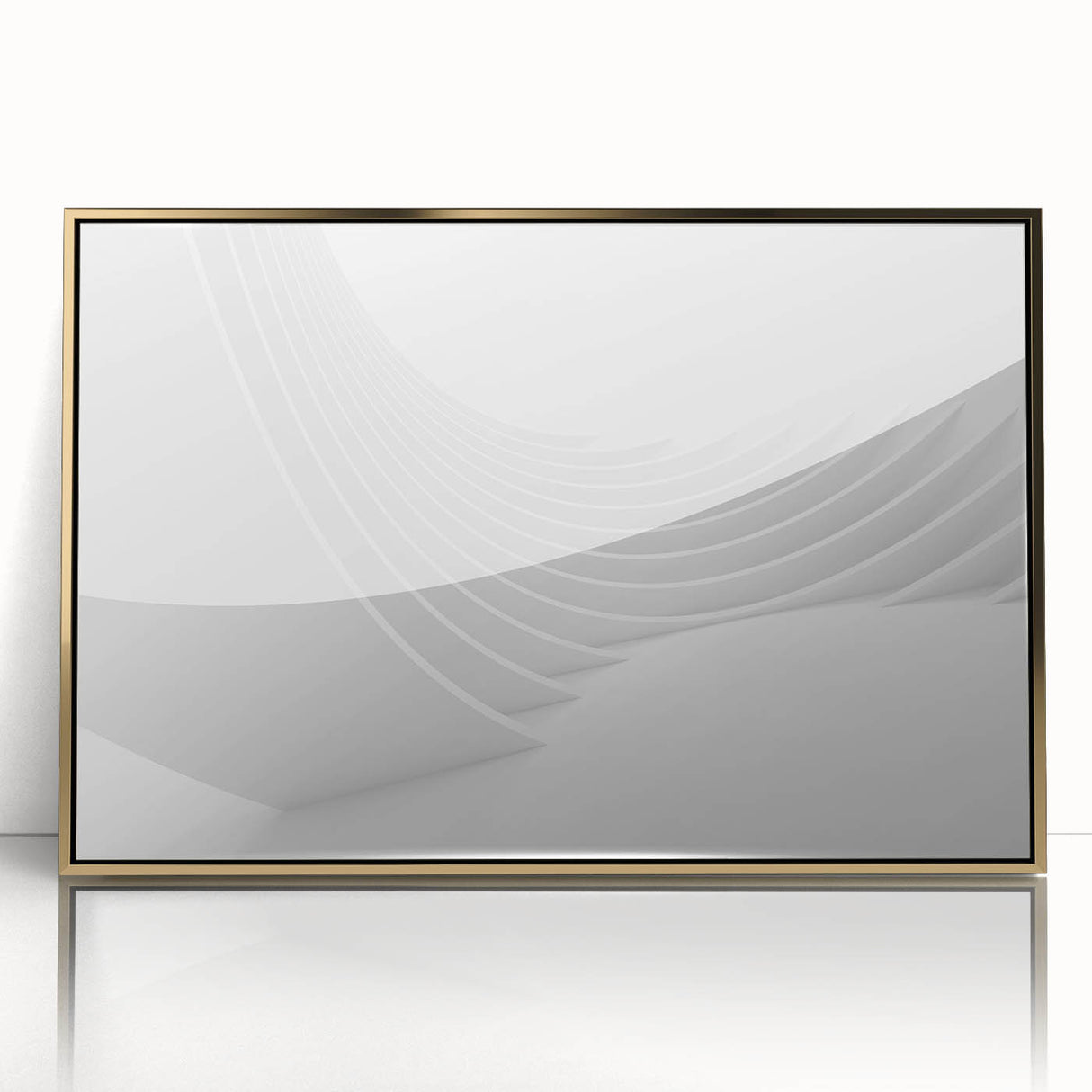 Mid-century modernist art featuring geometric shapes in gold and black tones on a framed acrylic print.