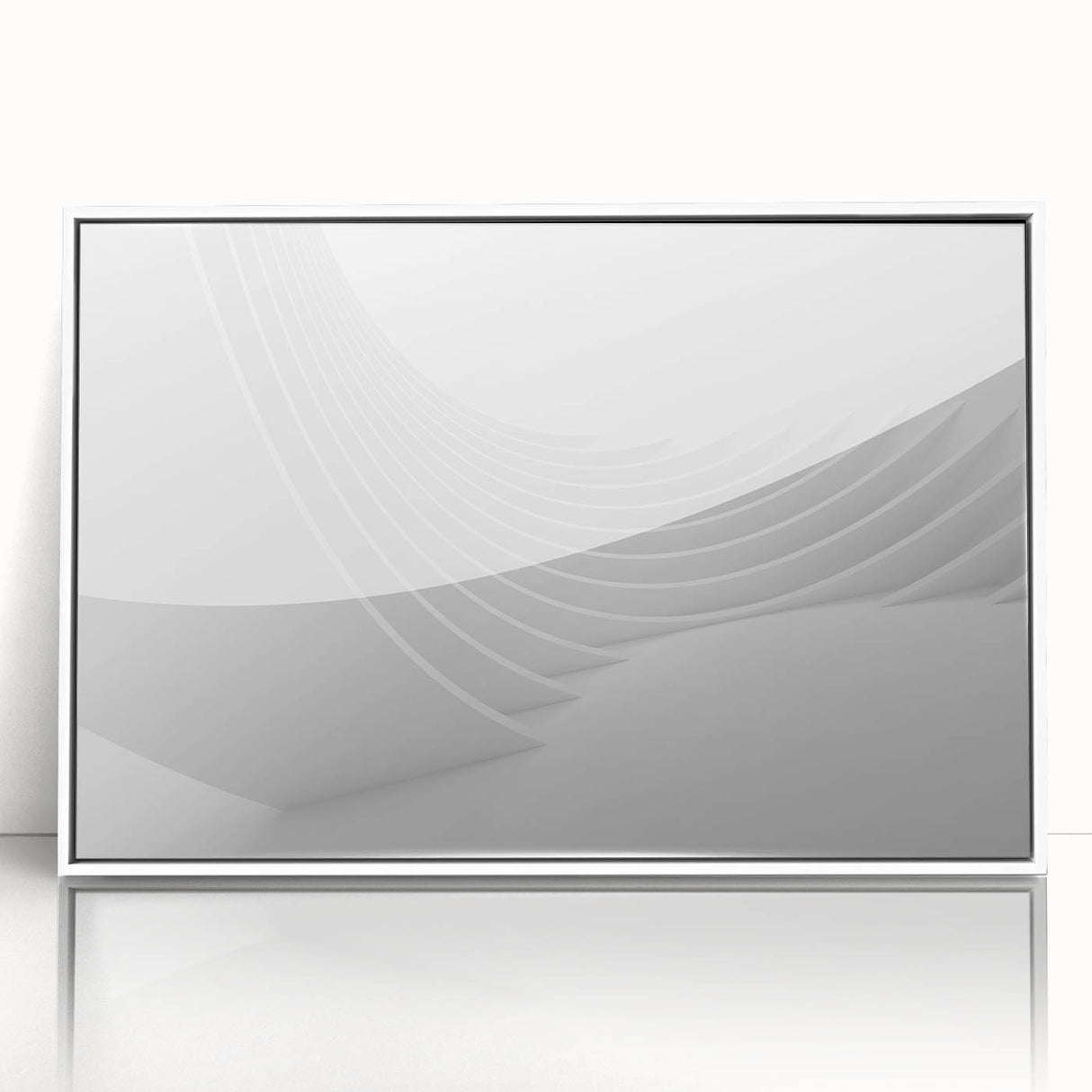 Large art print of abstract mid-century modernist shapes in muted earth tones, framed in white acrylic.