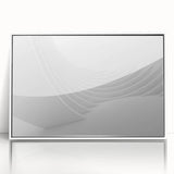 Large art print of abstract mid-century modernist shapes in muted earth tones, framed in white acrylic.