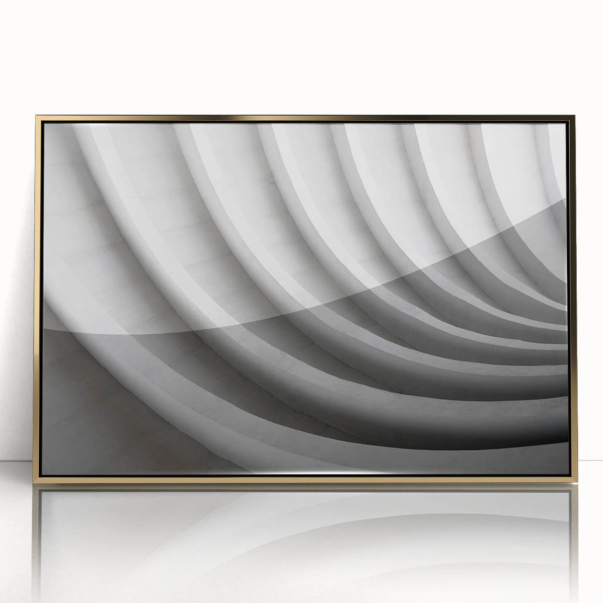 Mid-century modernist art of geometric shapes in muted gold and white tones, framed acrylic, ideal for nursery wall decor.