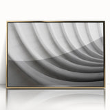 Mid-century modernist art of geometric shapes in muted gold and white tones, framed acrylic, ideal for nursery wall decor.