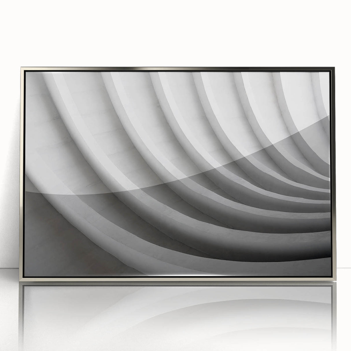 Art deco poster of geometric shapes in muted gold and silver tones on acrylic print, suitable for modern nursery decor.