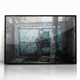 Large abstract wall art in blue and gray tones on acrylic, framed, embodying mid-century modernist style.