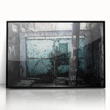 Large abstract wall art in blue and gray tones on acrylic, framed, embodying mid-century modernist style.