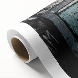 Art Deco style poster featuring geometric patterns in muted gold and teal, printed on rolled canvas.