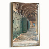 Framed vintage landscape painting on canvas featuring a serene forest scene in muted green and brown tones.