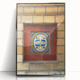 Mid-century modernist art deco poster in a silver frame, featuring geometric shapes in muted tones.