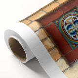 Art deco style poster on rolled canvas featuring geometric patterns in muted gold and teal colors.