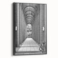 Black and white landscape painting on a framed canvas, featuring a serene vintage poster art style.