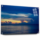 Large abstract wall art on acrylic glass, featuring swirling blue and white patterns.