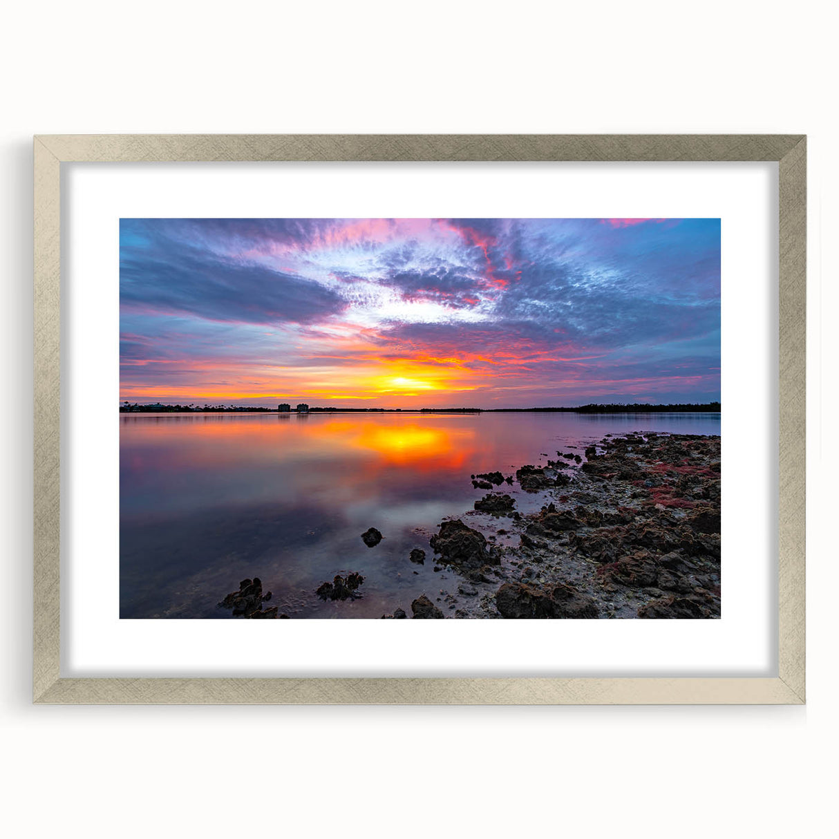 Textured abstract art print in muted gray and blue tones on a framed canvas, ideal for modern bedroom ambiance.