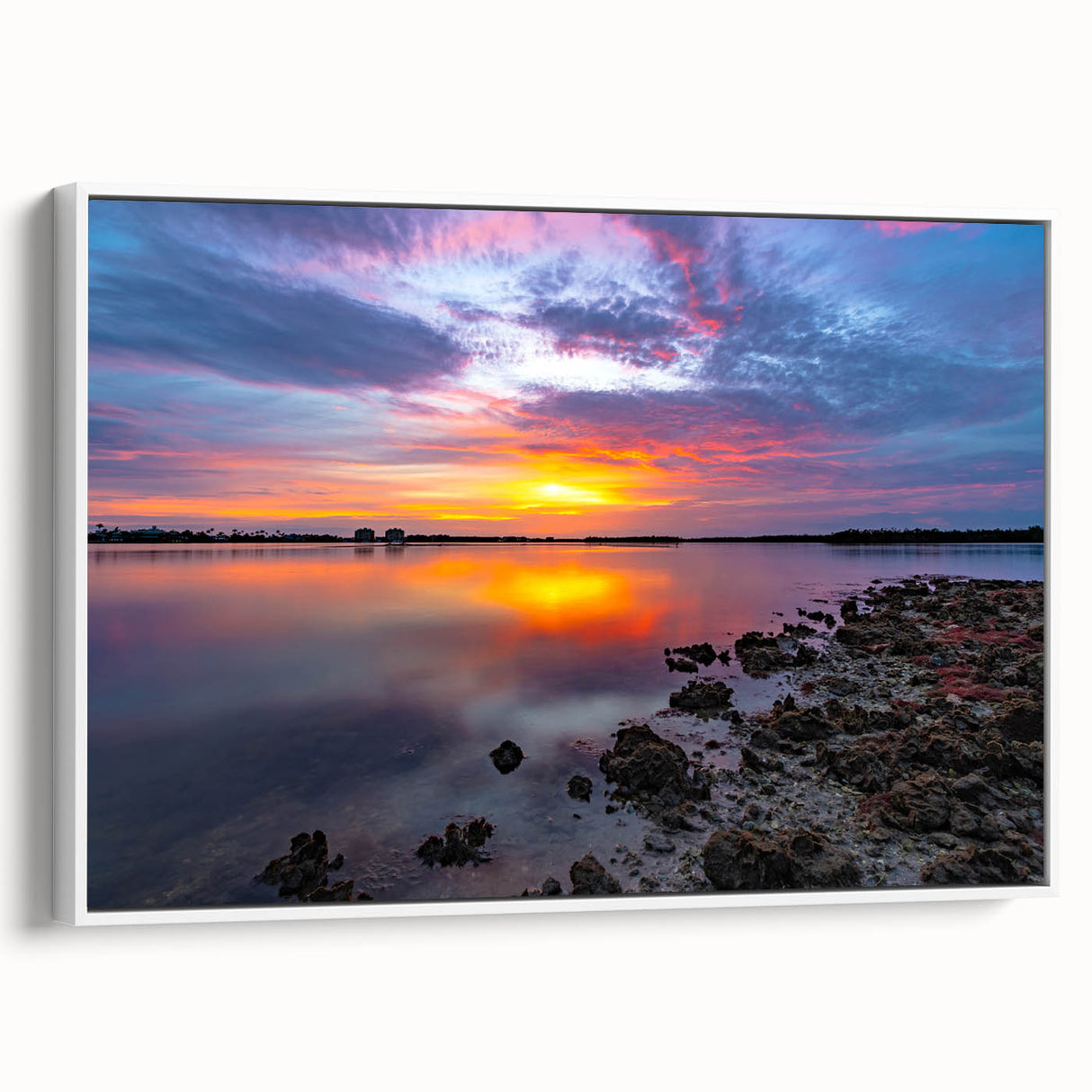 Extra large framed canvas of vintage poster art featuring colorful abstract designs on a black background.