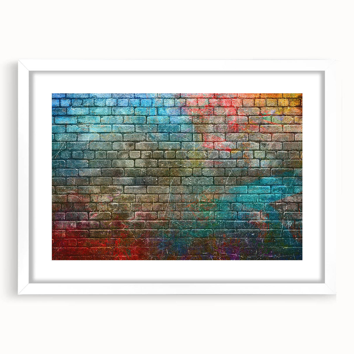 Abstract art print featuring swirling blue and gray patterns on a white framed canvas.
